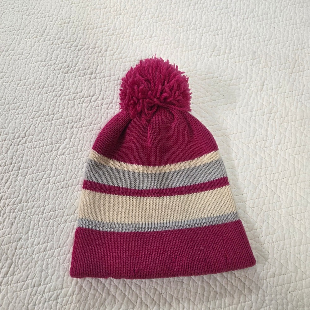 Meister Vintage Striped Pom Pom Beanie Burgundy‎ Cream Gray Knit Ski Hat OS